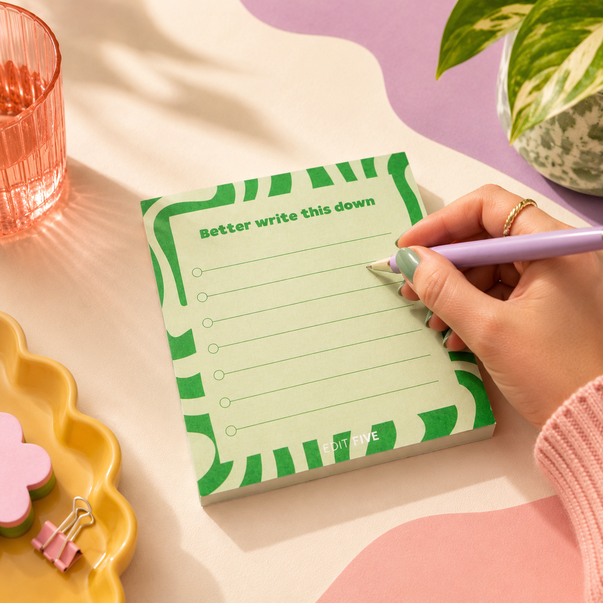 Edit Five 10 x 10cm colourful desk memo pad featuring a bold modern pattern and practical checklist layout, ideal for note-taking, task planning, meeting notes and home organisation.