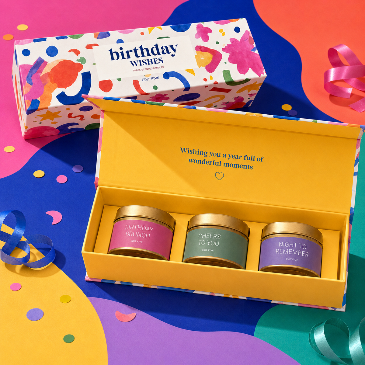 “Birthday Wishes” luxury candle gift set featuring three scented gold candle tins presented in a colourful premium magnetic keepsake box, perfect as a birthday gift for her.