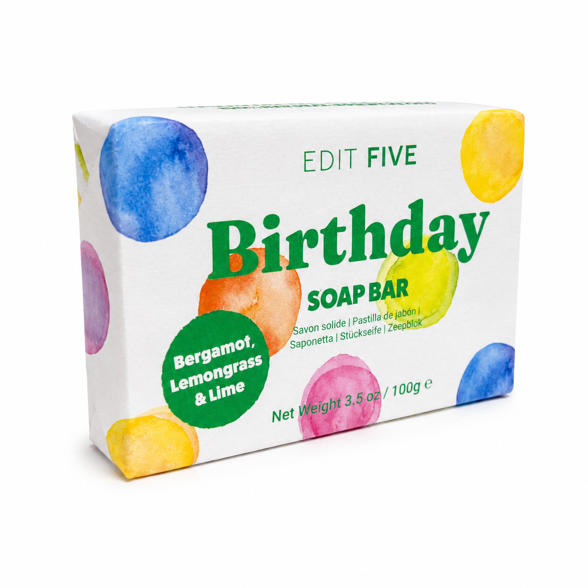 A boxed soap bar package labeled 'EDIT FIVE Birthday SOAP BAR' on a plain white background. The box is white with colorful watercolor-style circles in blue, yellow, pink, orange, and purple, plus green text reading 'Birthday' and 'Bergamot, Lemongrass & Lime'. Refreshing artisan birthday soap made in England using traditional soap-making methods and natural citrus essential oils—a practical, colourful and thoughtful birthday present.