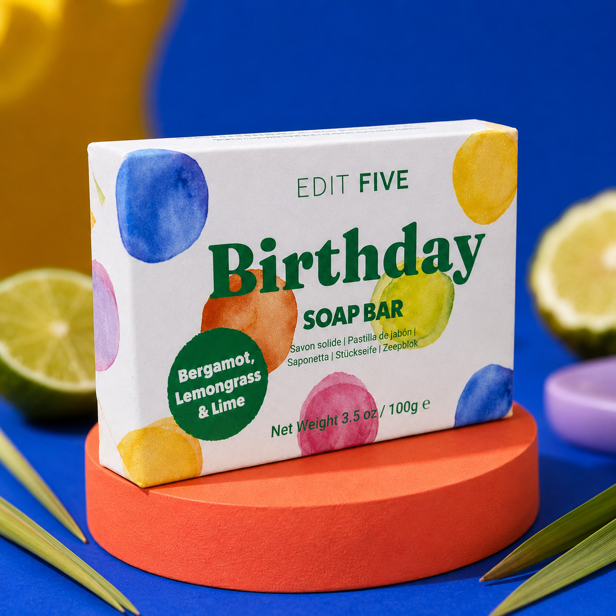 Birthday bergamot, lemongrass and lime soap bar, handmade in England with 100% natural essential oils and colourful confetti packaging—a fun birthday gift and self-care treat.