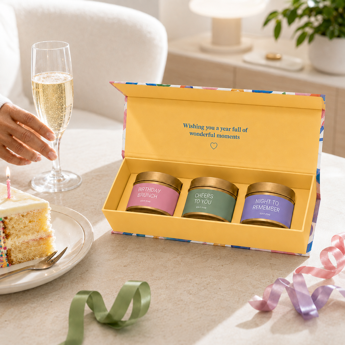 Contemporary birthday candle gift box containing three beautifully fragranced candles, each offering approximately 12 hours of burn time for over 36 hours of luxury home fragrance.