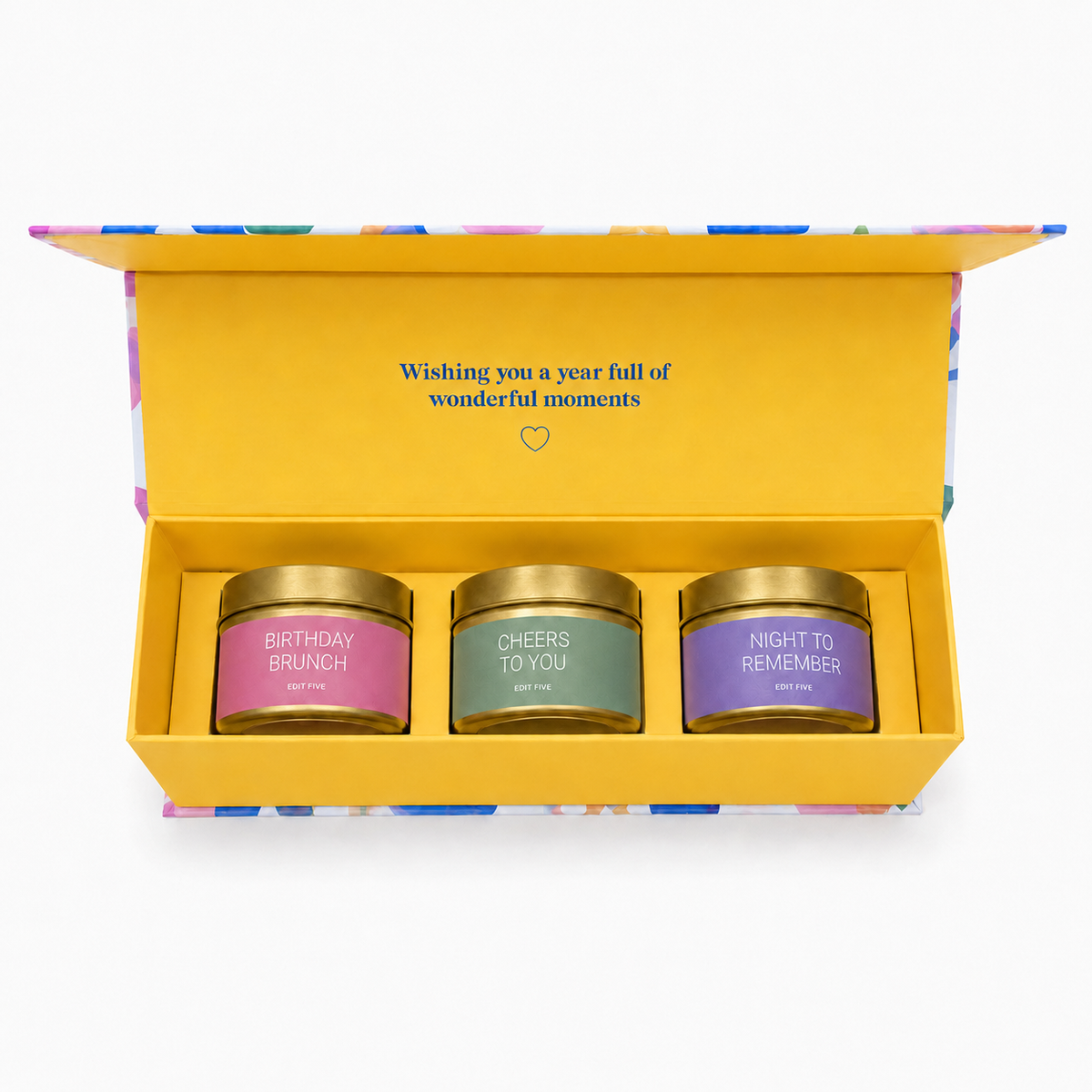 “Birthday Wishes” premium home-fragrance gift set with three scented gold candles—a unique self-care present, birthday gift for women or thoughtful luxury gift for someone special.