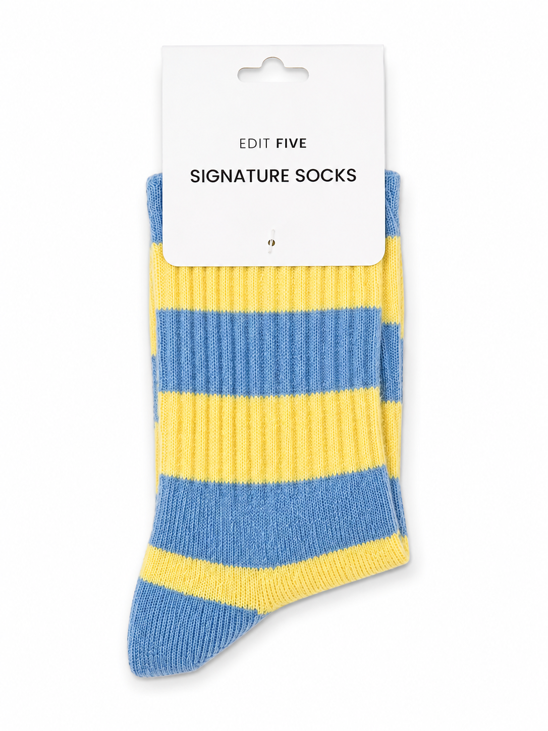 A pair of ribbed knit socks with alternating light blue and yellow horizontal stripes, shown on a white retail hanger card labeled 'EDIT FIVE SIGNATURE SOCKS'. Soft blue and yellow striped socks for women with a warm wool blend, durable construction and flexible stretch fit, ideal for everyday outfits, lounging, winter wear and colourful sock gifts.