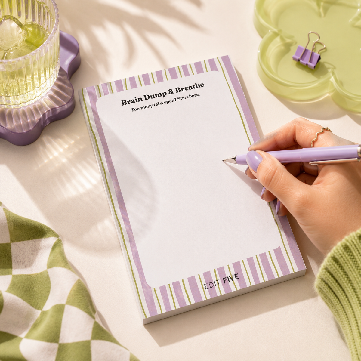 Colourful A5 brain dump notepad featuring a spacious free-writing layout and “Too many tabs open? Start here” design, ideal for productivity, mindfulness, daily planning and note-taking.
