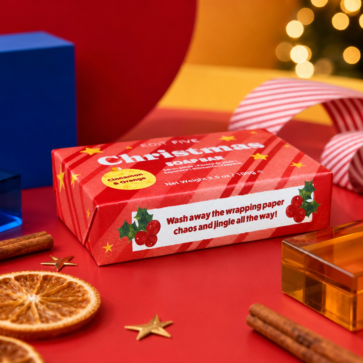 Edit Five festive soap bar with natural cinnamon and sweet orange essential oils, ideal as a Christmas gift, Secret Santa present, stocking filler or seasonal self-care treat.