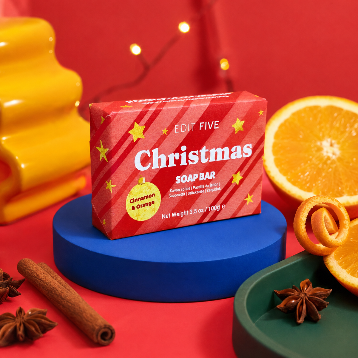 Christmas cinnamon and orange soap bar, handmade in England with 100% natural essential oils and wrapped in colourful candy-cane packaging, perfect as a festive stocking filler.
