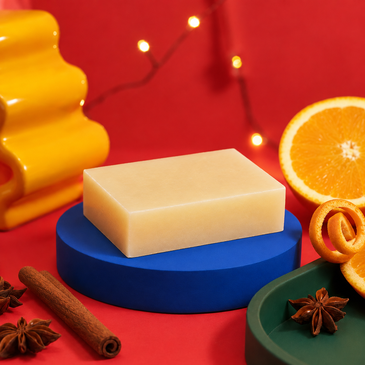 Handmade 100g Christmas soap scented with warming cinnamon and sweet orange essential oils, creating a rich, creamy lather and comforting seasonal fragrance.