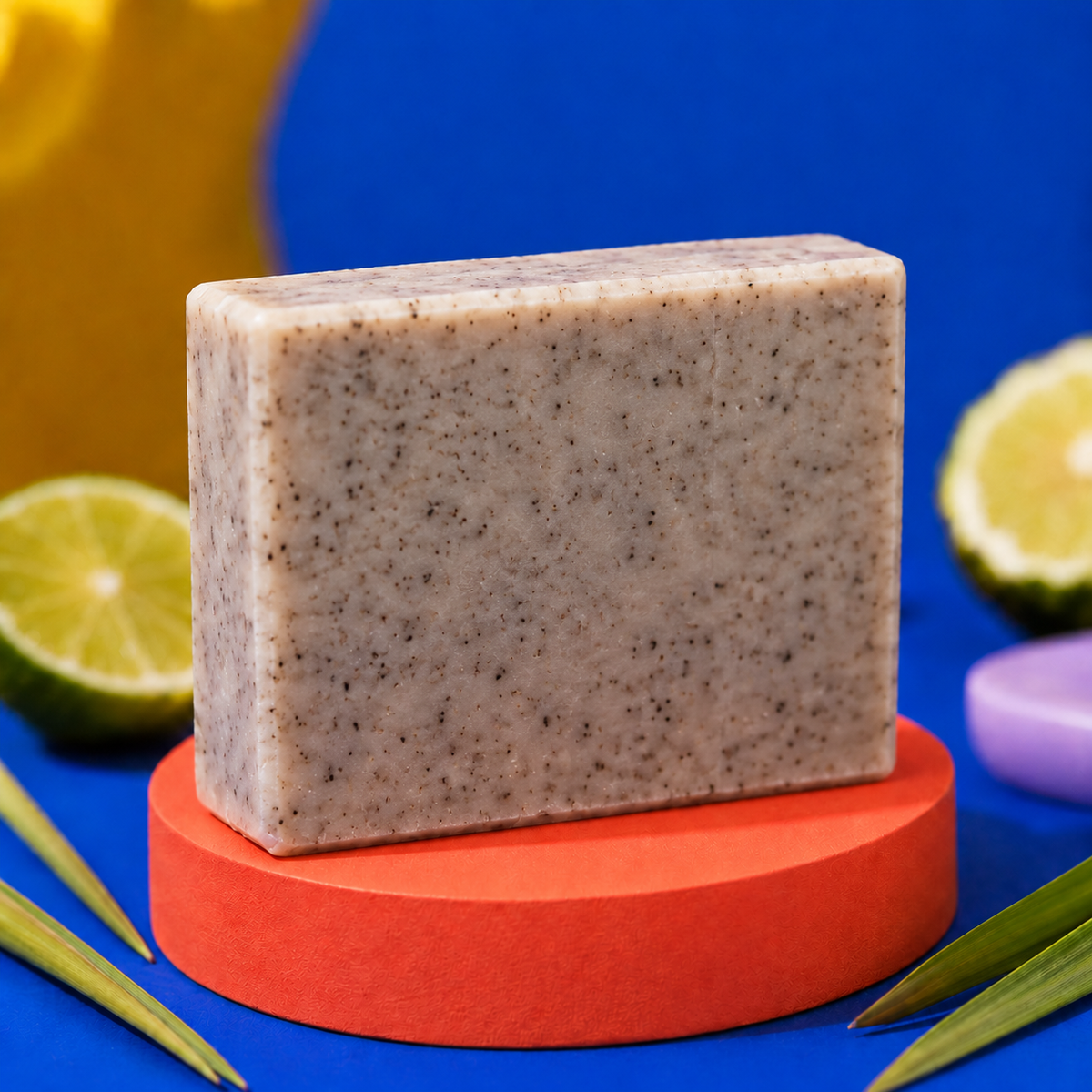 A rectangular bar of speckled soap in a light beige-gray tone sits on a round orange pedestal against a bright blue background, with lime slices and green leaves used as styled props. Handmade 100g artisan soap for Dad, combining invigorating coffee with fresh lime essential oil for an energising fragrance and gently exfoliating everyday cleanse.