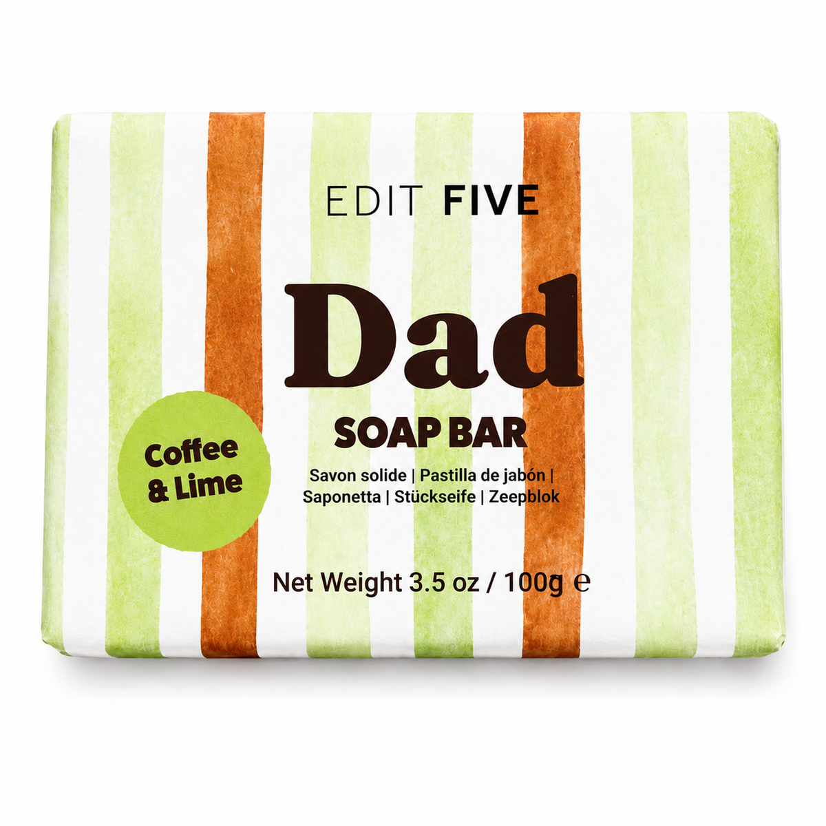 A packaged soap bar labeled 'EDIT FIVE Dad SOAP BAR' with a green and white striped wrapper featuring vertical orange stripes, plus a green circle that says 'Coffee & Lime.'. Colourfully packaged 100g Dad soap bar with a fresh citrus and coffee fragrance, natural essential oil and gentle exfoliation, ideal for men’s gift hampers and grooming sets.