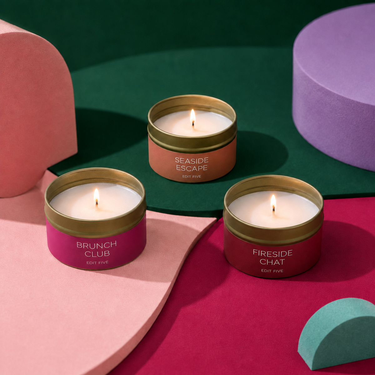 Edit Five luxury candle gift box containing three 80g scented candles in Brunch Club, Seaside Escape and Fireside Chat fragrances, offering over 36 hours of premium home fragrance.