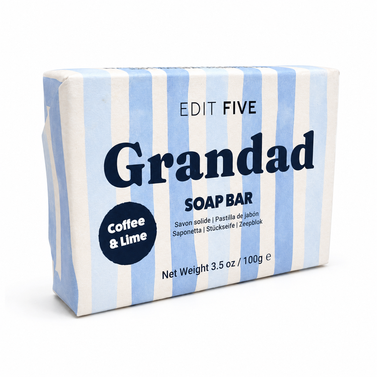 A boxed soap bar package labeled 'EDIT FIVE Grandad SOAP BAR' with blue and white vertical stripes and a dark blue 'Coffee & Lime' badge, photographed on a clean white background. Natural coffee and lime soap handmade in England—a thoughtful gift for Grandad, Grandpa or Grandfather for birthdays, Christmas, Father’s Day, thank-yous or simply because.