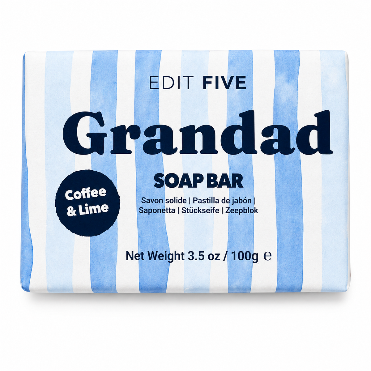 A rectangular bar of soap wrapped in white and light blue watercolor-style vertical stripes, with large dark blue text reading 'Grandad' and smaller text 'EDIT FIVE' and 'Coffee & Lime' on a clean white background. Colourfully packaged 100g Grandad soap bar with a refreshing citrus and coffee fragrance, natural essential oil and gentle exfoliation, ideal for gift hampers and men’s grooming sets.