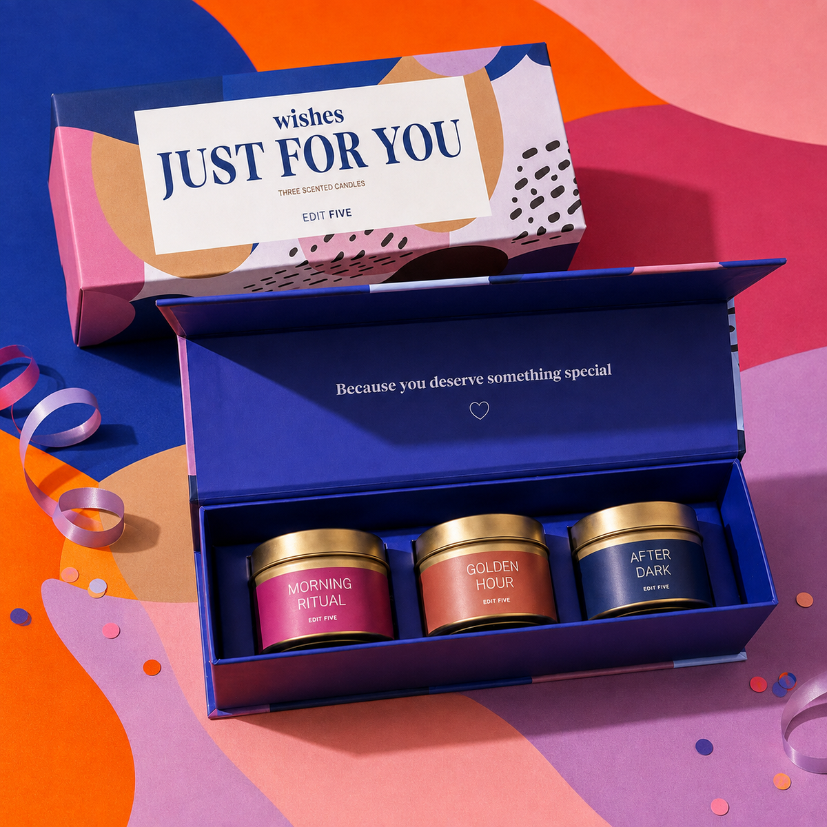 “Wishes Just For You” luxury candle gift set featuring three scented gold candle tins in Morning Ritual, Golden Hour and After Dark, presented in a colourful magnetic keepsake gift box.