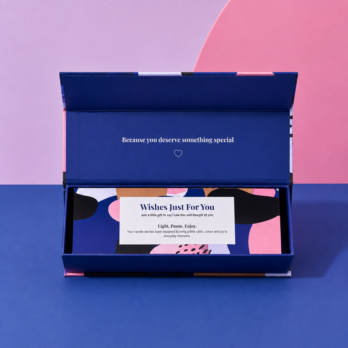 “Wishes Just For You” three-candle gift box offering over 36 hours of premium home fragrance—a thoughtful luxury gift for birthdays, thank-yous, housewarmings, congratulations or special occasions.