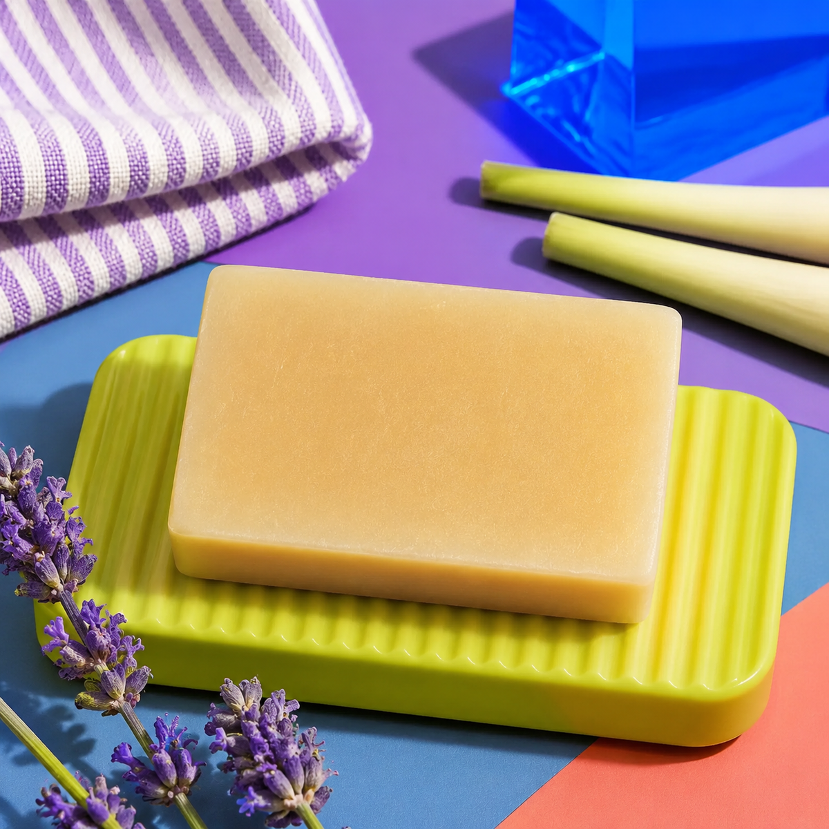 Handmade 100g artisan soap scented with soothing lavender and refreshing lemongrass essential oils, creating a rich lather and relaxing floral-citrus fragrance.