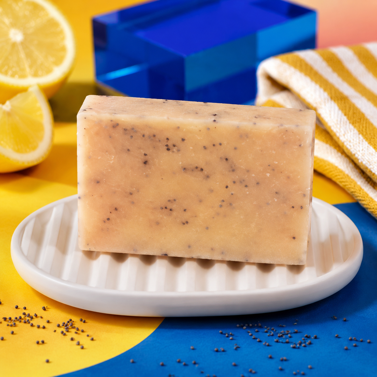 A rectangular bar of pale beige soap with small dark specks sits on a white ribbed dish. The scene is styled with lemon slices, a blue box, and a yellow-and-white striped cloth on a bright yellow and blue surface. Handmade 100g artisan lemon soap combining uplifting citrus essential oil with natural poppy seeds for a fresh fragrance, creamy lather and gentle everyday exfoliation.