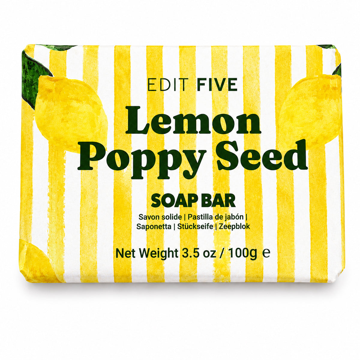 A rectangular bar of soap wrapped in a yellow and white striped paper sleeve decorated with watercolor-style lemon illustrations. Colourfully packaged lemon poppy seed soap bar with a clean citrus aroma and gentle exfoliating texture, perfect for pamper hampers, gift boxes, stocking fillers and wellbeing gifts.