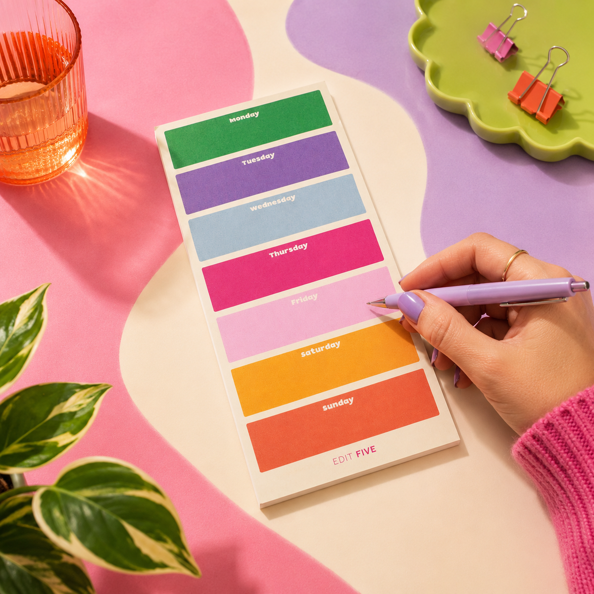 Long portrait weekly planning notepad featuring dedicated Monday to Sunday sections, colourful Edit Five stationery design and space for weekly priorities, to-do lists, meals and reminders.