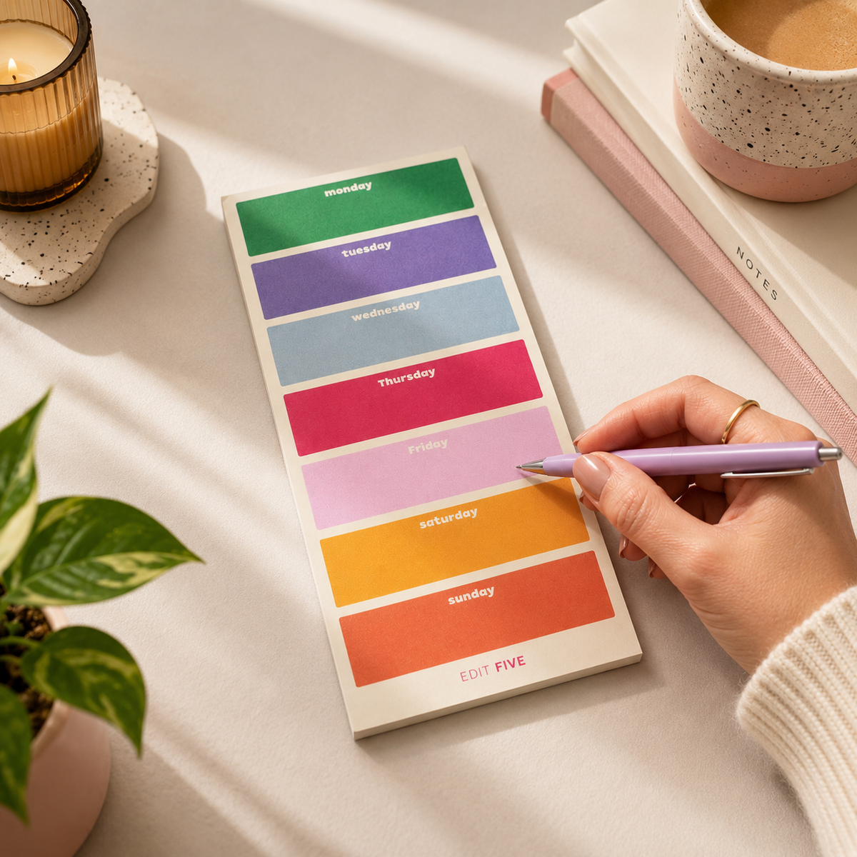 Bright rainbow weekly organiser pad for home, work or study, with 50 tear-off planning sheets for managing family schedules, appointments, meal planning, timetables and weekly tasks.