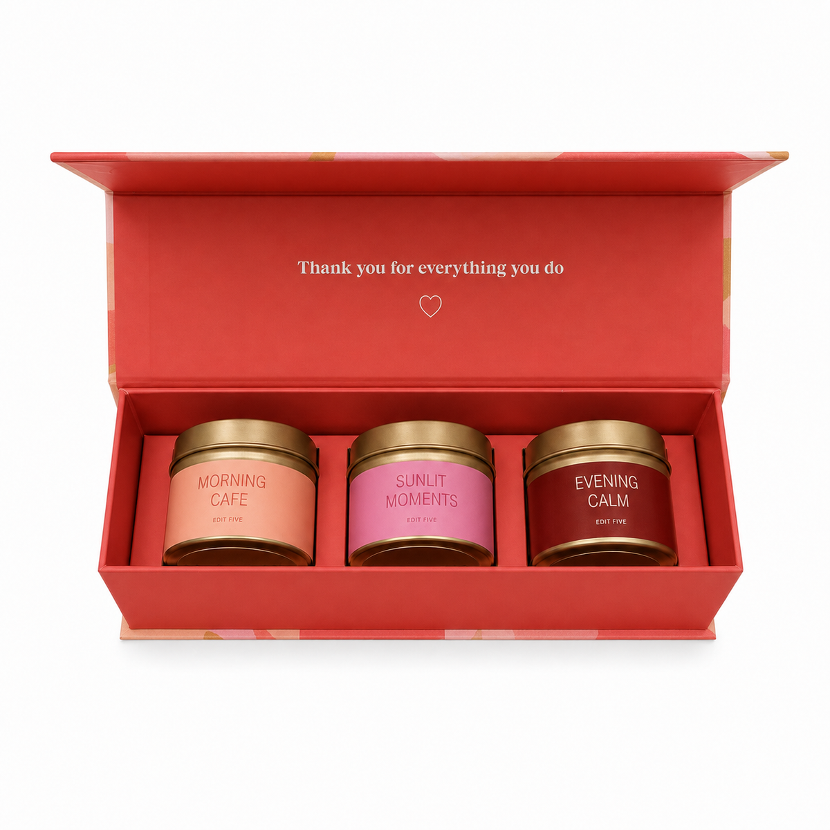 Luxury gift for Mum featuring three scented candles in decorative gold tins and a reusable magnetic keepsake box, perfect for candle lovers, self-care and relaxing at home.