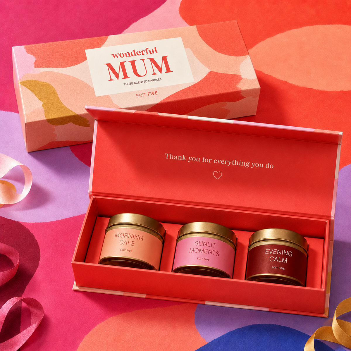 “Wonderful Mum” luxury candle gift set featuring three scented gold candle tins presented inside a colourful magnetic keepsake box, perfect as a thoughtful gift for Mum.