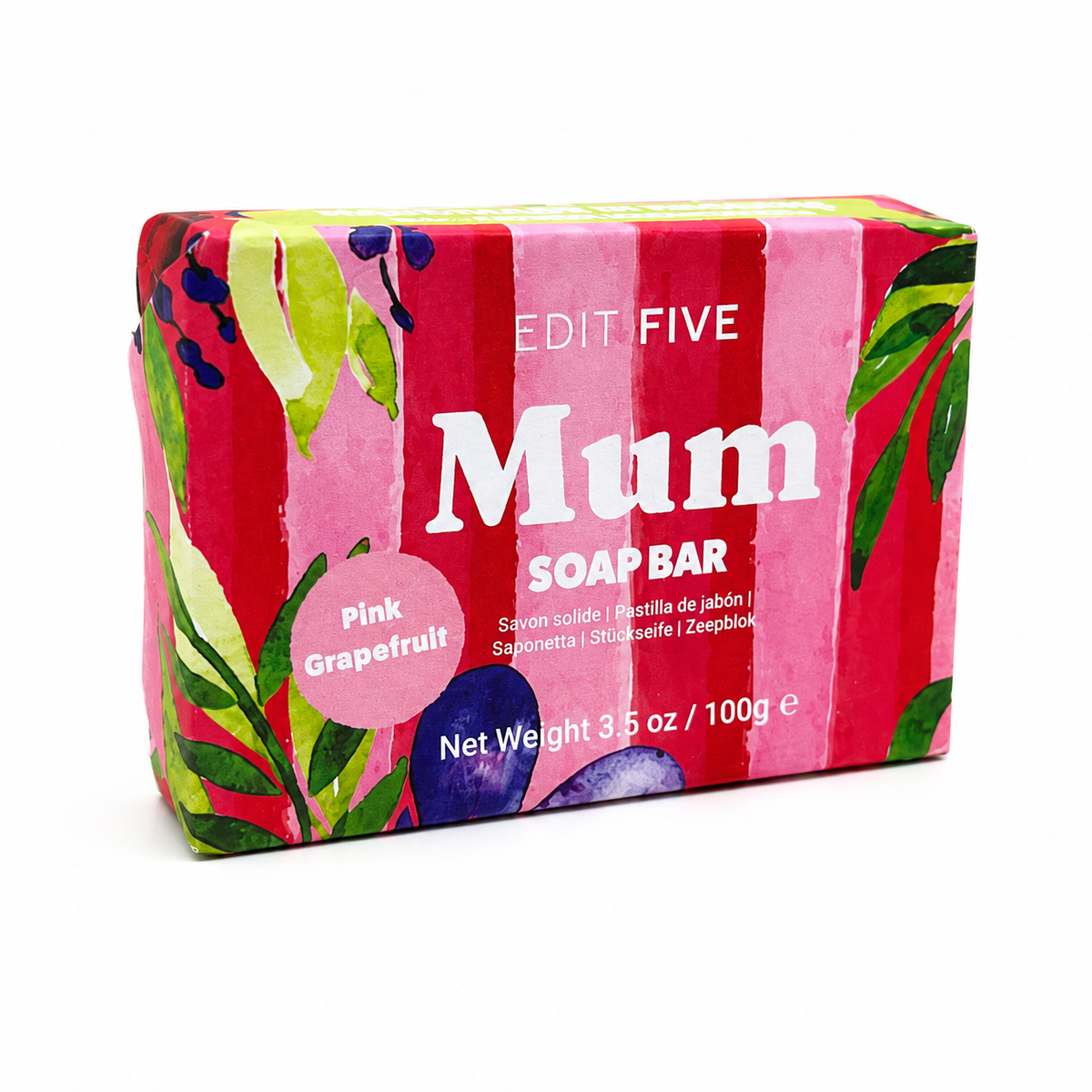 A pink grapefruit scented soap bar by Edit Five, wrapped in a colorful box featuring pink stripes, green leaves, and purple grapefruit illustrations, set against a plain white background. Natural pink grapefruit soap handmade in England—a thoughtful gift for Mum, Mother, Step-Mum or Mother-in-Law for birthdays, Christmas, Mother’s Day or simply to show appreciation.