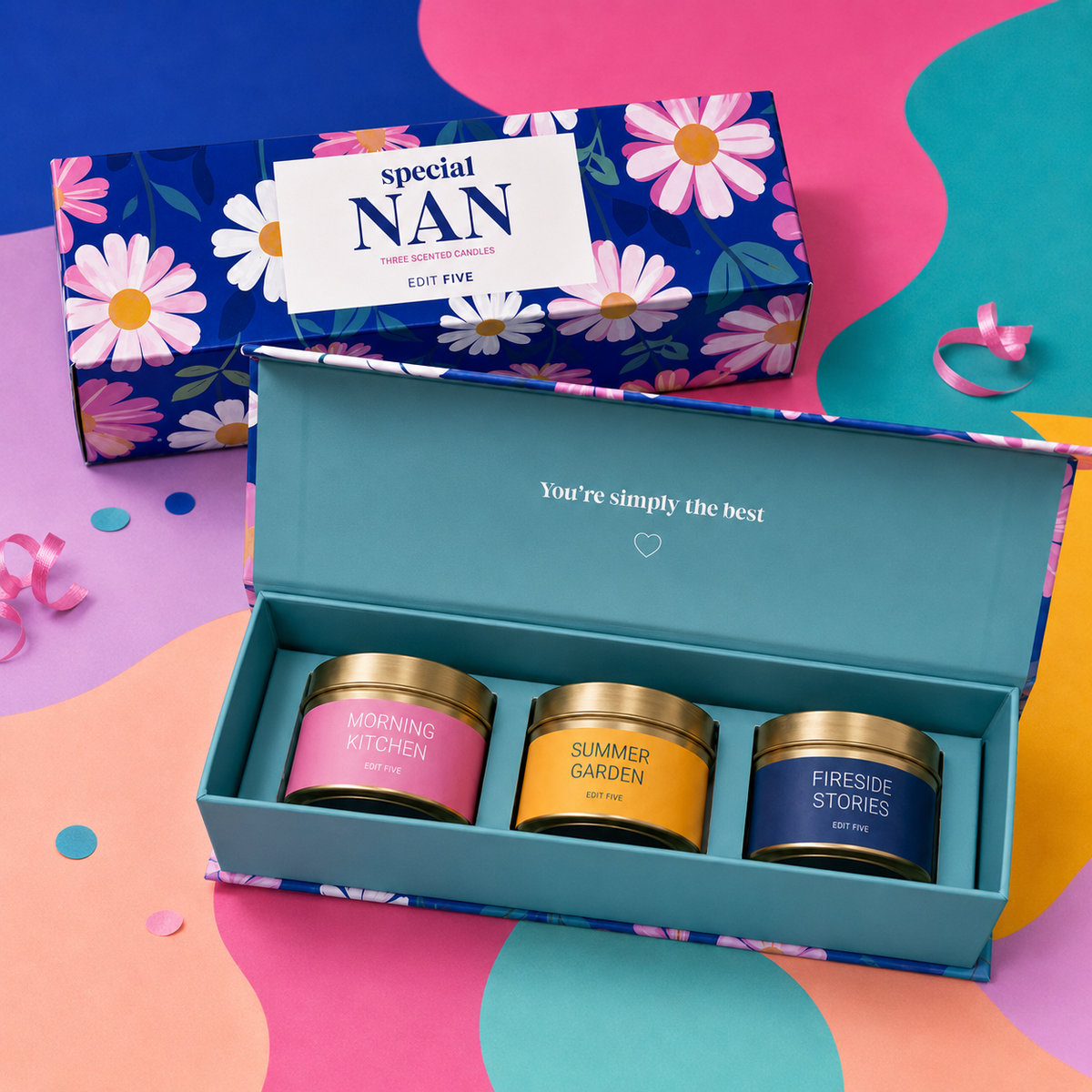 “Special Nan” luxury candle gift set featuring three scented gold candle tins presented inside an elegant magnetic keepsake box, perfect as a thoughtful gift for Nan.