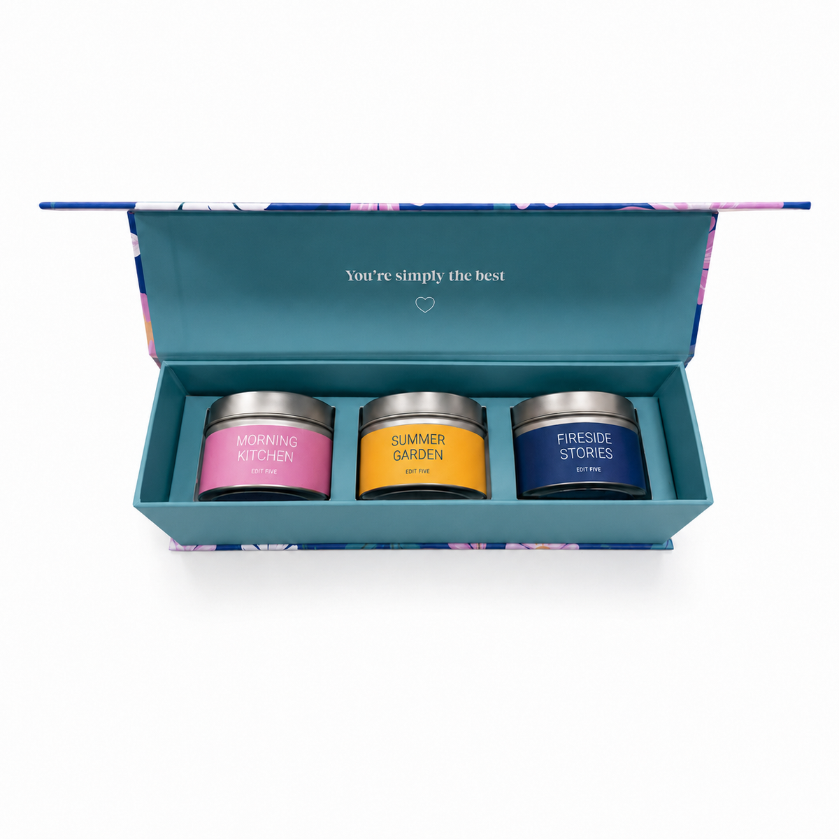 Luxury gift for Nan featuring three scented candles in decorative gold tins and a reusable magnetic keepsake box, perfect for candle lovers, self-care and relaxing at home.