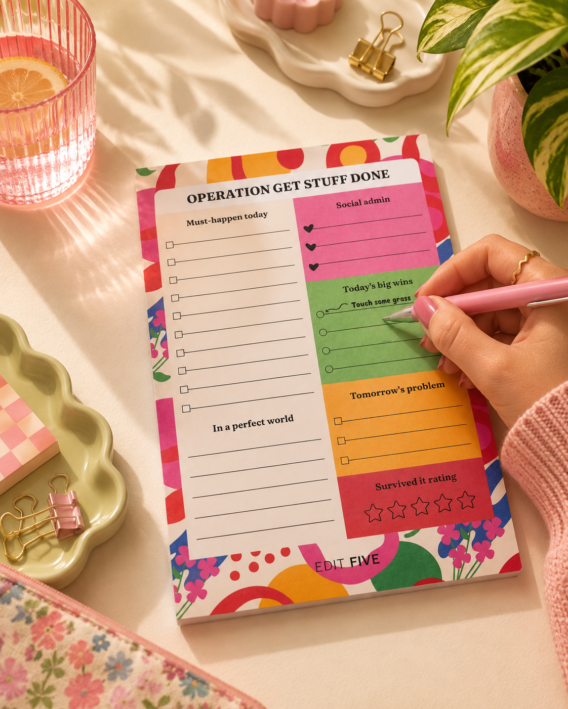 Edit Five A5 productivity and organisation notepad featuring playful prompts for must-do tasks, social admin, achievements, future plans and daily reflection, ideal for work, home or study.