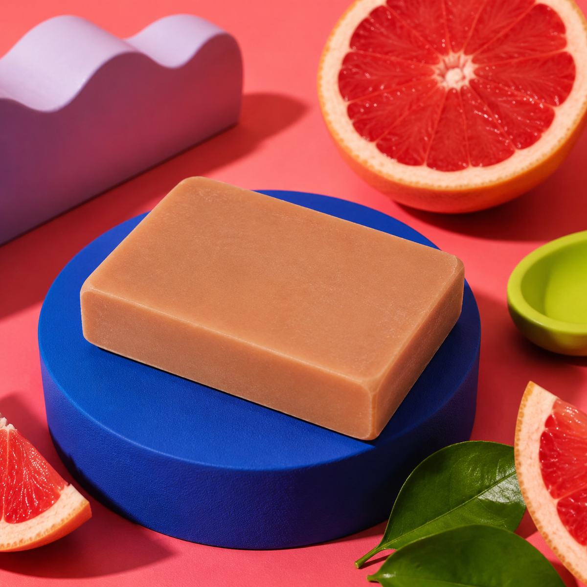 A rectangular bar of light tan soap sits on a round blue pedestal, surrounded by grapefruit slices, green leaves, a small green dish, and a lavender sculptural object on a pink background. Handmade 100g artisan soap for Nan, scented with uplifting pink grapefruit essential oil for a bright, fruity fragrance and refreshing everyday cleansing experience.