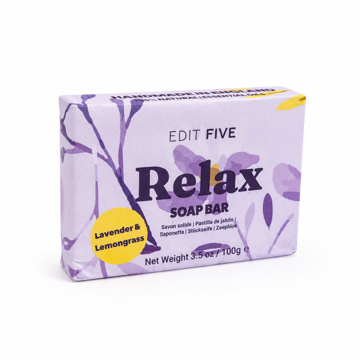 Luxury handmade lavender and lemongrass soap bar featuring natural essential oils, a rich lather and bright botanical artwork—perfect as a relaxing gift for her.