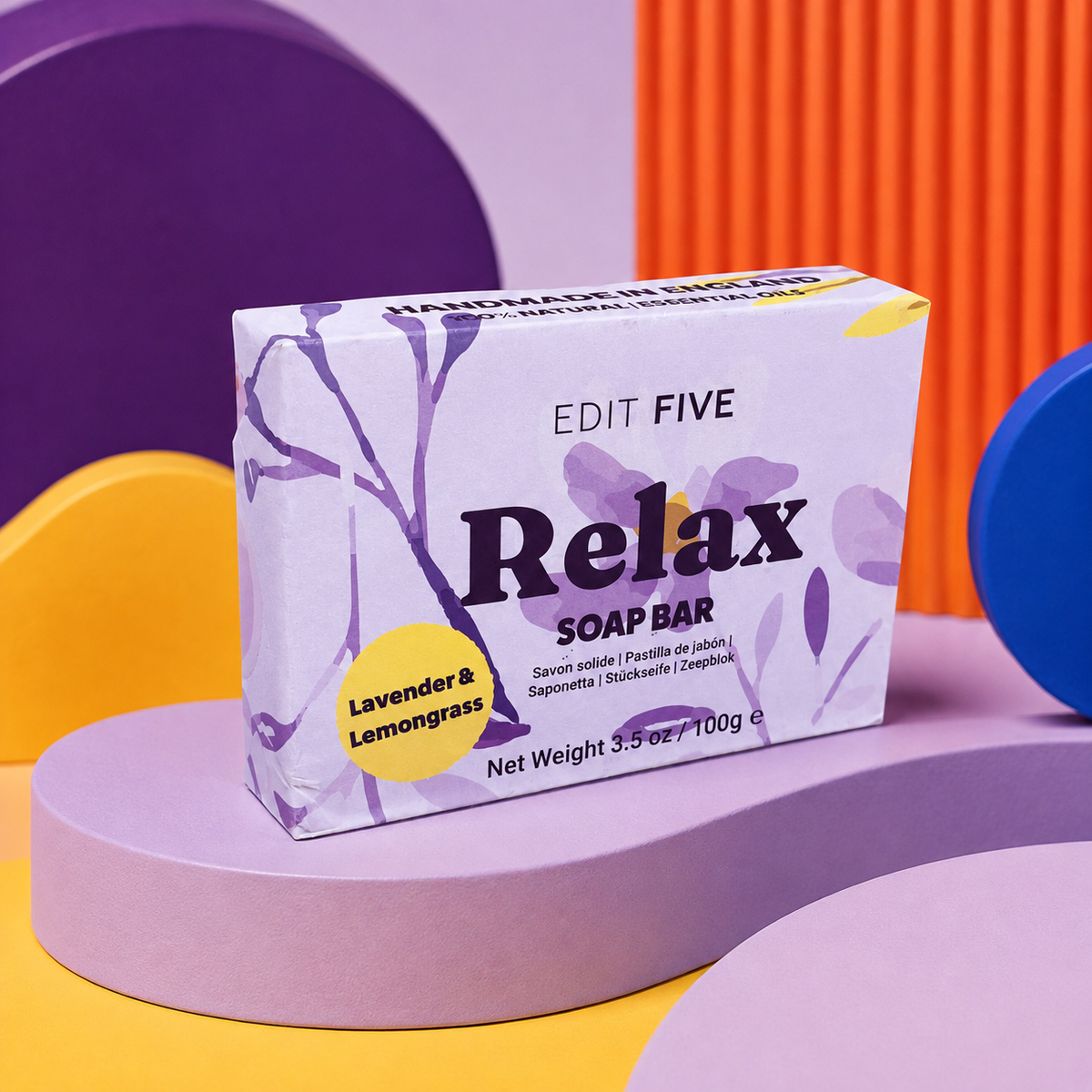 Relax lavender and lemongrass soap bar, handmade in England with 100% natural essential oils and presented in colourful botanical packaging for calming everyday self-care.