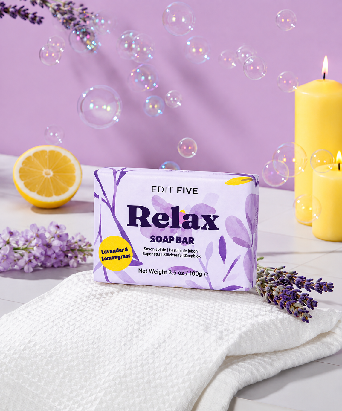 Botanical lavender soap with uplifting lemongrass essential oil, handmade in England to gently cleanse the skin while adding a calming fragrance to everyday washing.