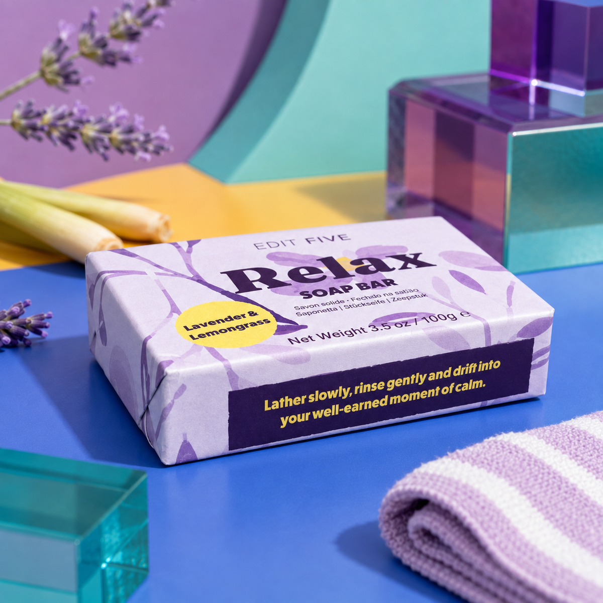 Edit Five Relax natural essential-oil soap bar with lavender and lemongrass, ideal for mindful bathing, evening routines, wellbeing gifts and self-care hampers.