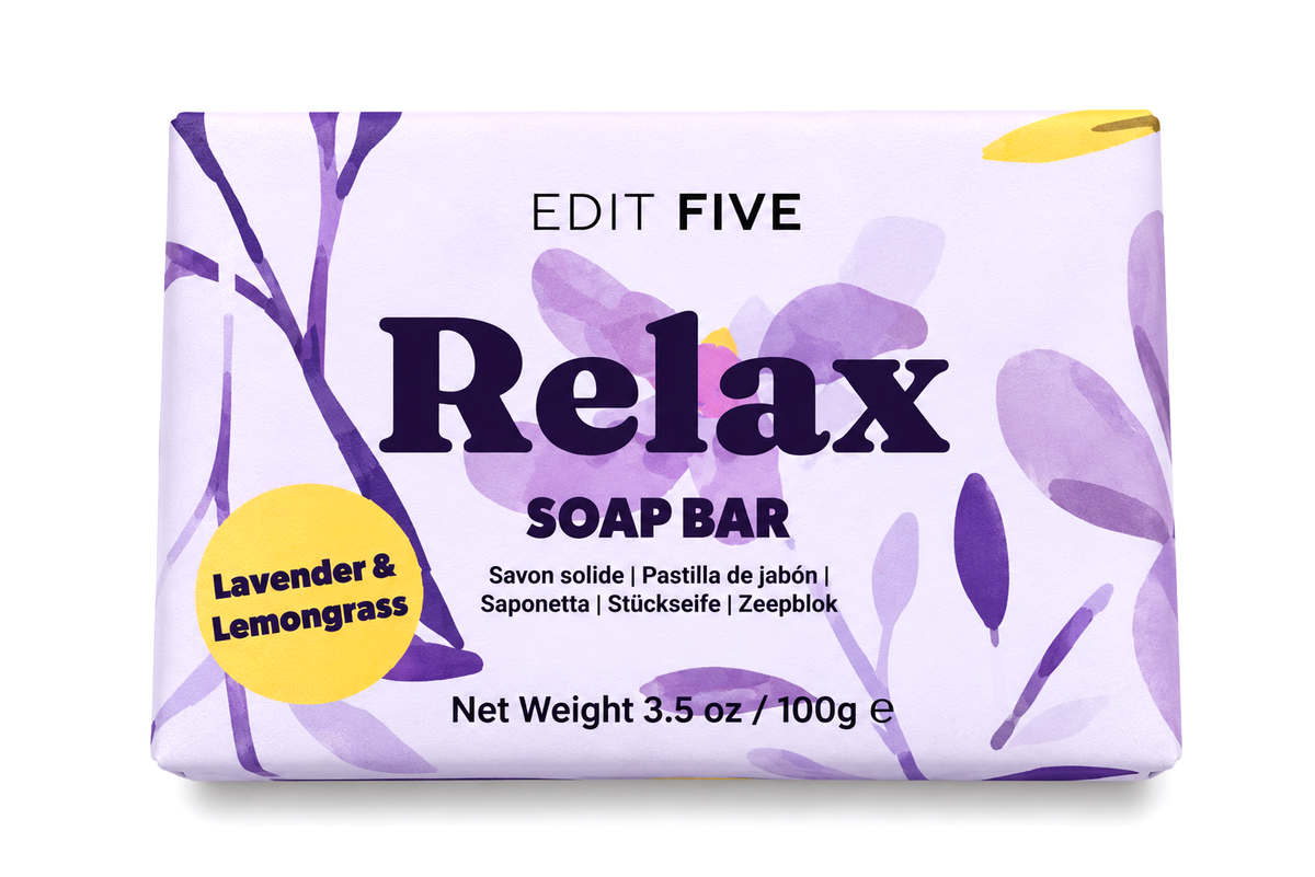 Colourfully packaged 100g Relax soap bar, handmade with natural lavender and lemongrass essential oils—a fragrant bathroom essential and soothing self-care gift.