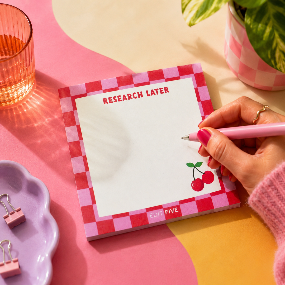 Edit Five 10 x 10cm square memo notepad featuring a bold checkerboard pattern, playful typography and cherry illustration, ideal for saving websites, articles, books, films and ideas to revisit later.