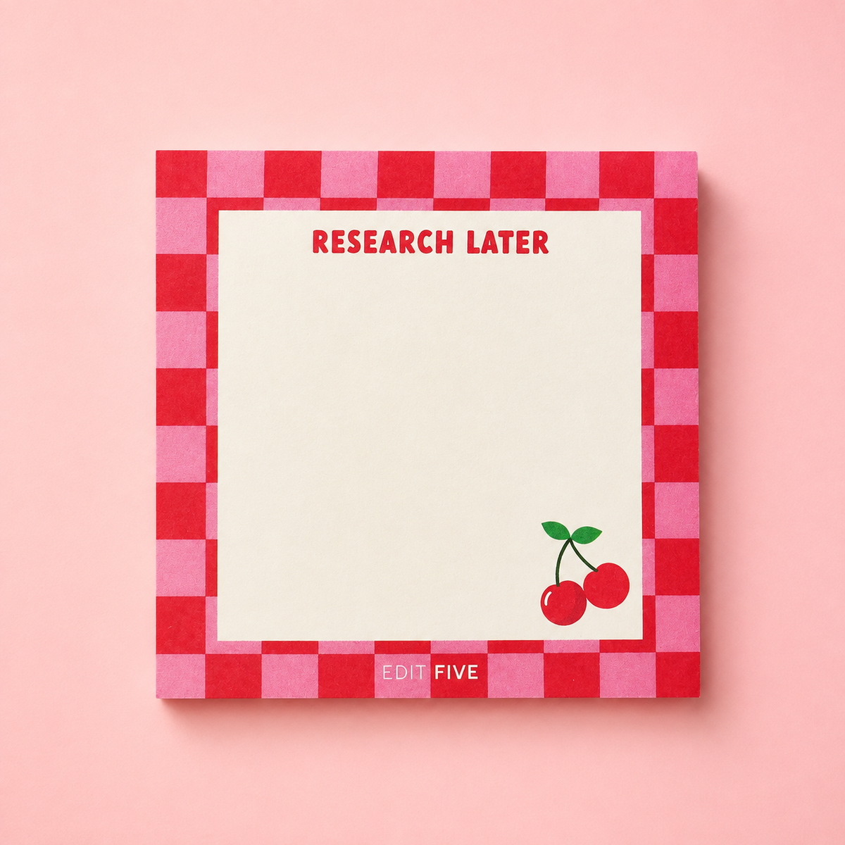 Pink and red checkerboard “Research Later” memo pad with 50 tear-off sheets and a spacious writing layout for research notes, reading lists, recommendations, reminders and creative ideas.