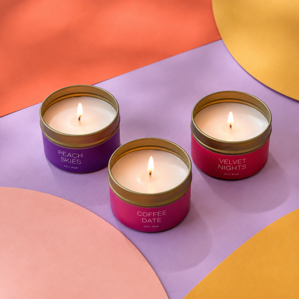 Edit Five luxury candle gift box containing three 80g scented candles in Coffee Date, Peach Skies and Velvet Nights fragrances, offering over 36 hours of premium home fragrance.