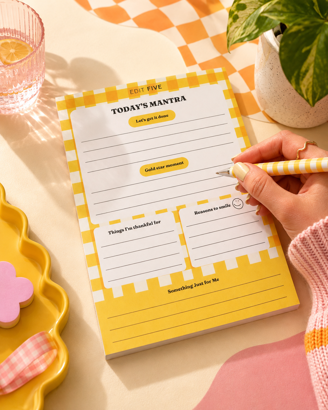 Colourful A5 gratitude and positivity notepad featuring prompts for daily planning, reasons to smile, thankful thoughts, small wins and personal wellbeing, ideal for mindful routines and goal setting.