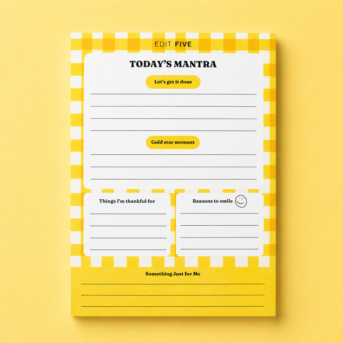 Yellow gingham “Today’s Mantra” A5 daily planner notepad with 50 tear-off sheets and guided sections for tasks, gratitude, positive thoughts, achievements and everyday self-care.
