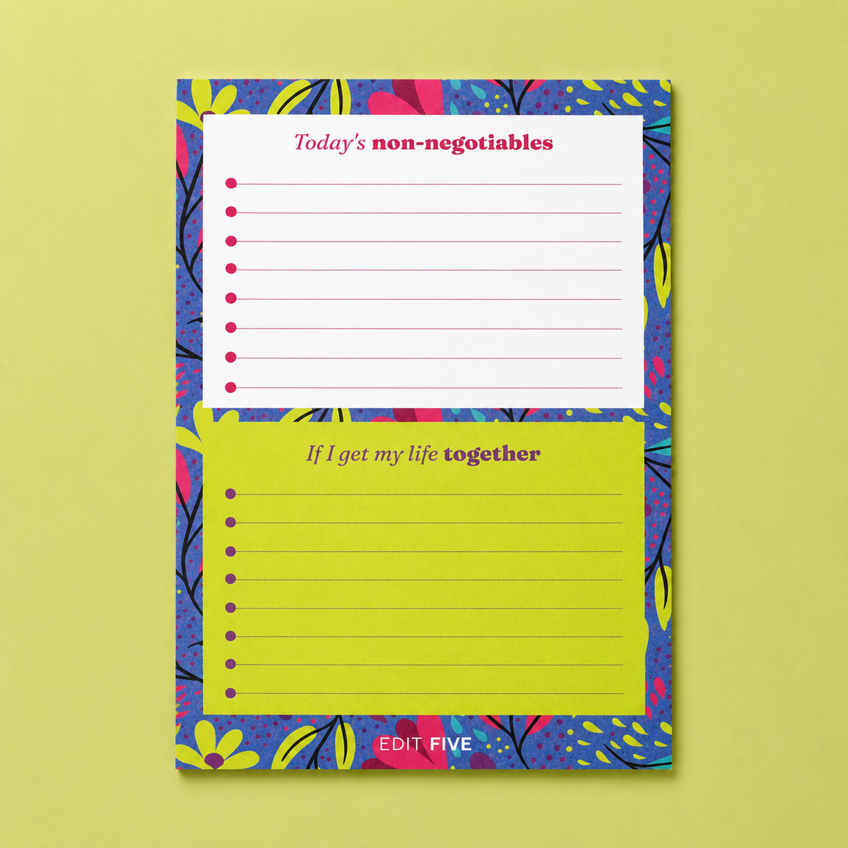 Bold botanical “Today’s Non-Negotiables” A5 daily planner notepad with 50 tear-off sheets and dedicated sections for essential priorities, optional tasks, reminders and life admin.