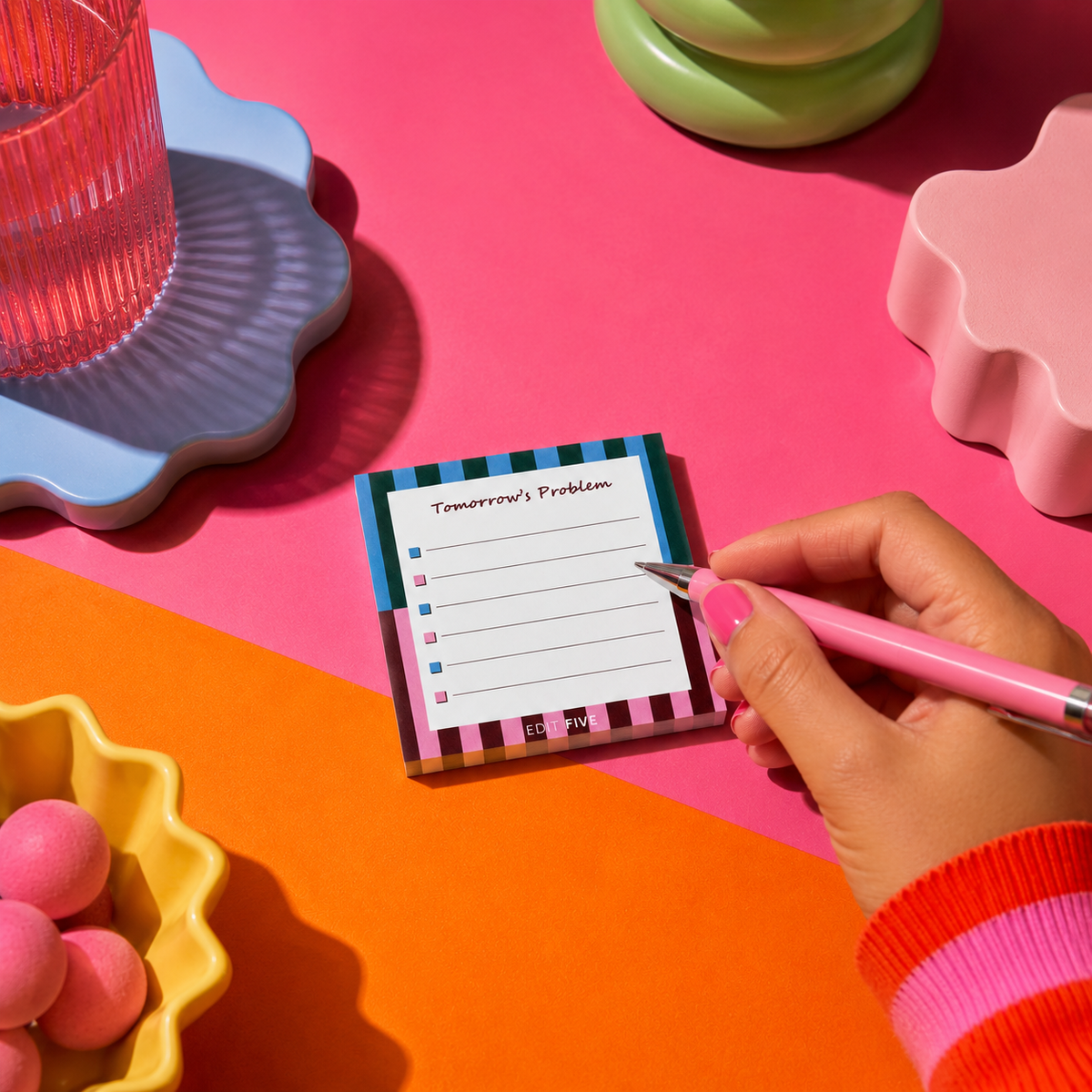 Edit Five 10 x 10cm square memo notepad featuring bold rainbow stripes, playful typography and checklist pages, ideal for organising work tasks, home life, ideas and everyday reminders.