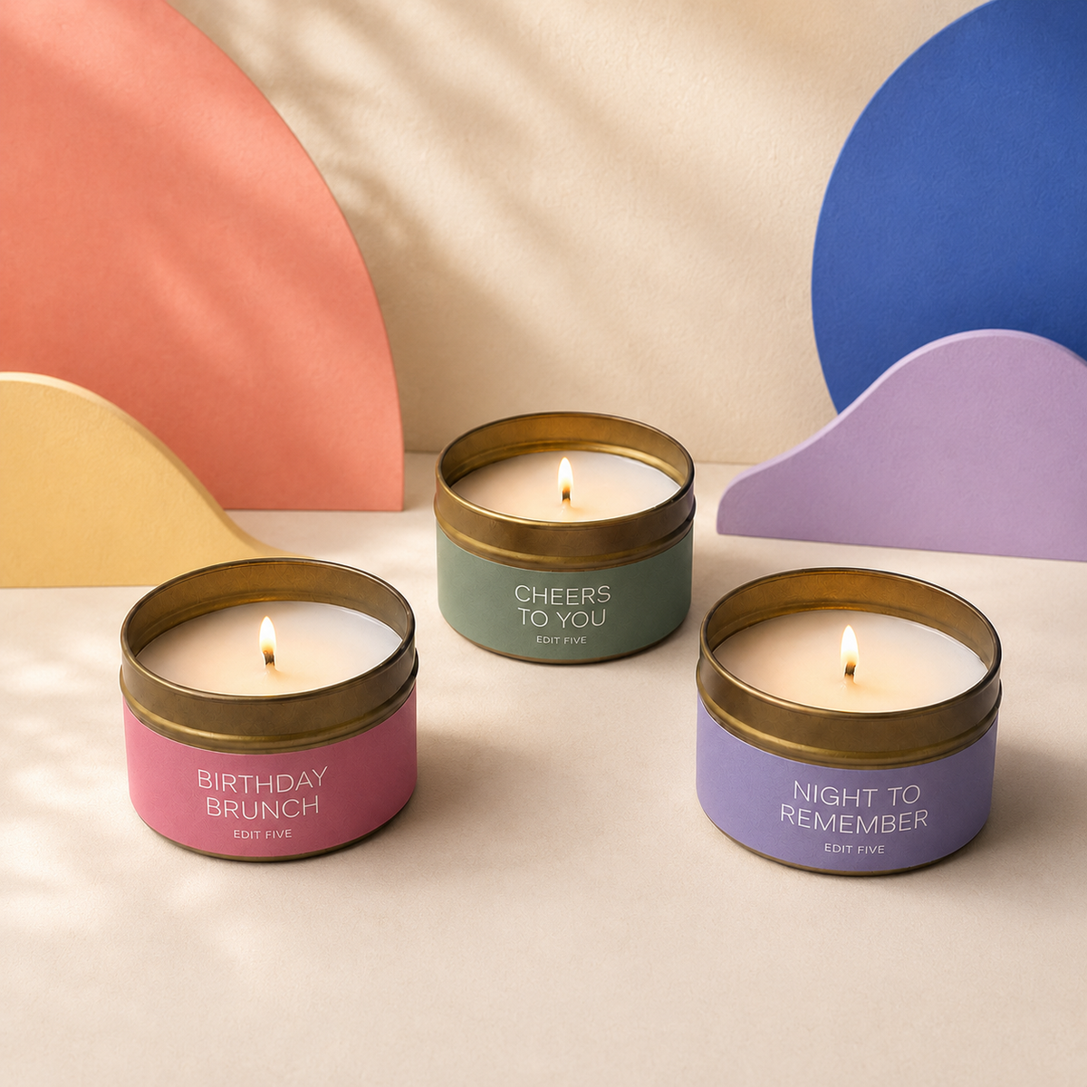 Edit Five luxury birthday candle gift box containing three 80g scented candles in Birthday Brunch, Cheers To You and Night To Remember fragrances, with over 36 hours of home fragrance.