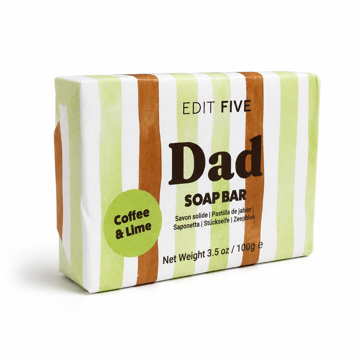 A packaged soap bar with a white, light green, and brown striped design. The front label reads 'EDIT FIVE Dad SOAP BAR' and 'Coffee & Lime' in a green circle, on a clean white background. Natural coffee and lime soap handmade in England—a unique gift for Dad, Stepdad, Father or Father-in-Law for birthdays, Christmas, Father’s Day or simply to say thank you.