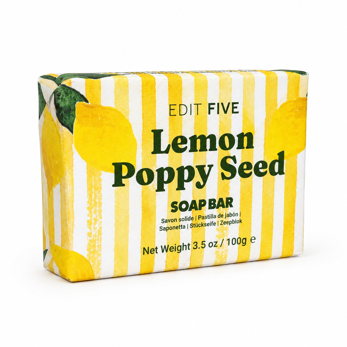A rectangular bar of soap wrapped in a yellow and white striped paper sleeve decorated with illustrations of lemons and the text 'EDIT FIVE Lemon Poppy Seed SOAP BAR'. Natural lemon essential-oil soap handmade in England with a textured poppy seed exfoliant—a bright, uplifting bathroom essential and thoughtful self-care gift for her or him.